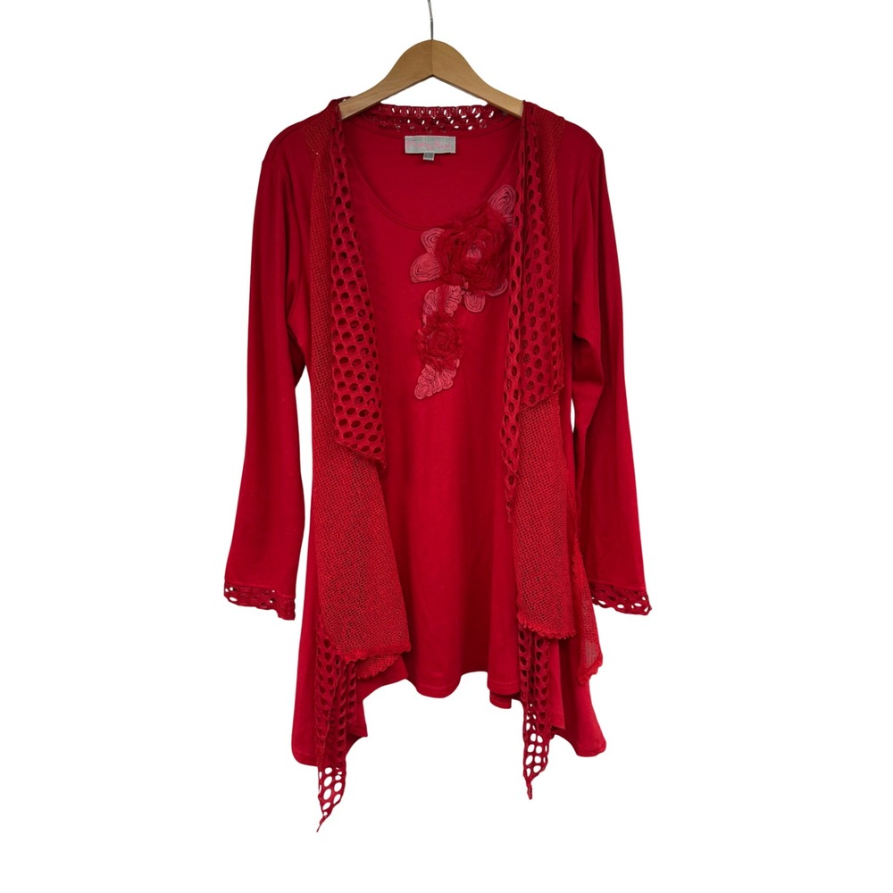 Pretty Angel Red Silk Blend Floral Rosette Crochet Layered Lagenlook Tunic L